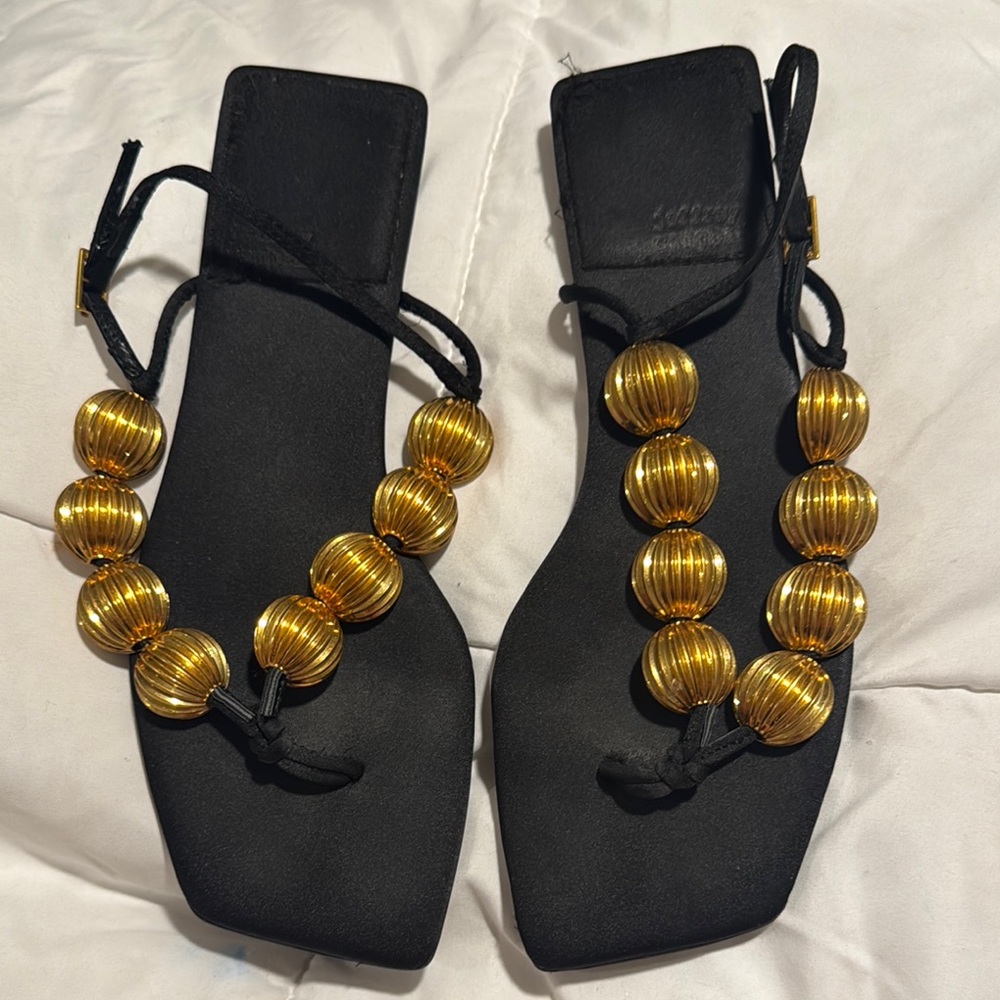 Jeffrey Campbell Black and Gold Sandals with Square Toe